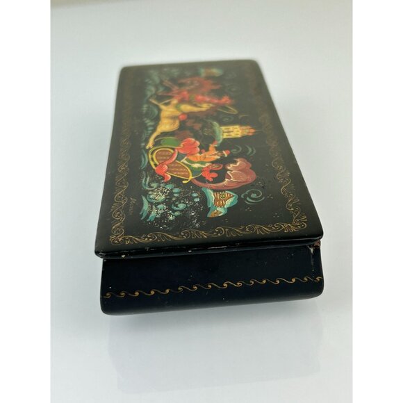 Russian Black Lacquer Hand Painted Artist Signed Trinket Box Hinged Sled Horse - Picture 12 of 16